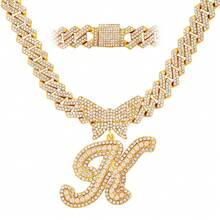 Cuban Link Chain For Women Cursive Silver Initial 14MM Diamond Prong Cuban Chain Hip Hop Iced Out Chain Necklace Butterfly Initial Letter Name Necklaces For Women - Dây chuyền chữ bướm - Xem 46