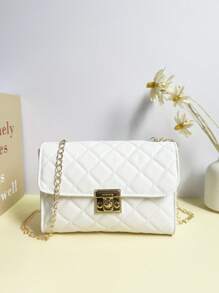 1pc Elegant White Diamond Grid Shoulder Bag, Minimalist White Diamond Pattern Design With Shiny Metal Lock And Chain, Chic & Romantic French Style, Soft Texture Diamond Grid White Handbag, Exudes Spring Fashion Vibe, Lightweight Crossbody Bag