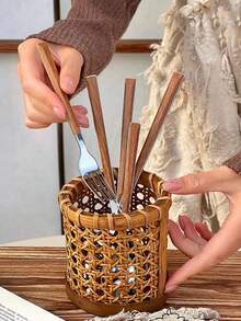 5件/10件银器套装（含蛋糕叉）不锈钢餐具套装，木质效果手柄餐具套装，含刀、叉、勺，镜面抛光，可放入洗碗机清洗，学校用品