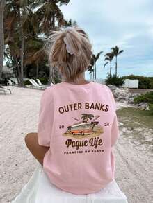 女童休闲印花圆领短袖T恤，适合夏季学生和儿童穿着 - 舒适生活巴士树系列艺术风格T恤，激发想象力和自我表达 - 粉色 - 查看 1