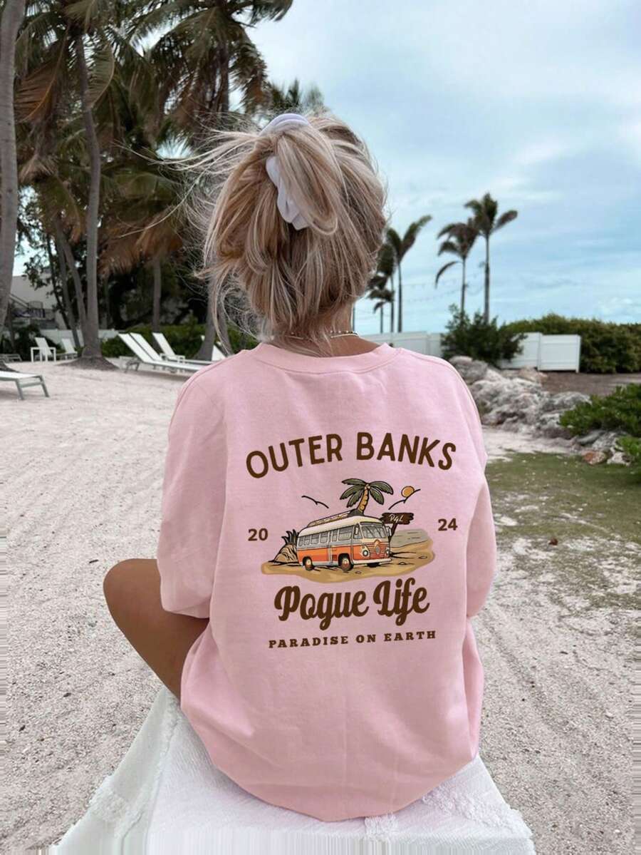 女童休闲印花圆领短袖T恤，适合夏季学生和儿童穿着 - 舒适生活巴士树系列艺术风格T恤，激发想象力和自我表达 - 粉色 - 查看 1