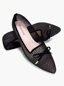 Women's Lightweight Fishnet Ballet Flats With Bowknot Decor, Hollow-Out, Breathable, Fashion