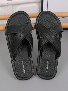 Men's Lightweight Sandals, Summer Fashionable Crossover Beach Shoes, Outdoor Casual Open Toe Slippers, Comfortable Black Lychee Texture