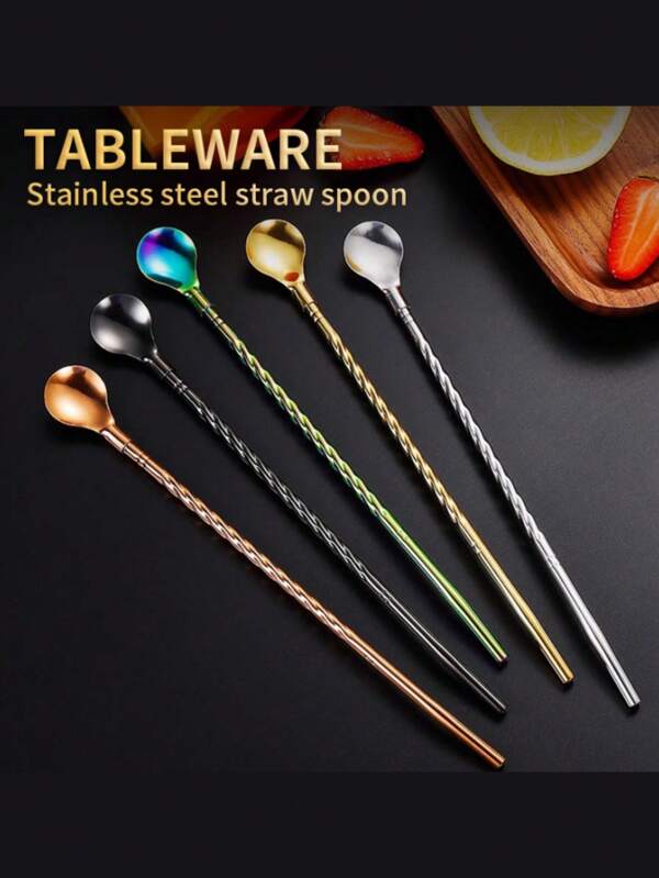 Cuillère à thé glacé et agitateur de cocktail à long manche en acier inoxydable polyvalent, tube à boire métallique créatif, paille cuillère multifonction pour café et glaces, idéal pour la maison, le bureau, le restaurant, la cuisine, le bar, les fêtes, etc.