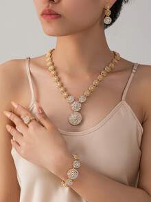 5pcs Crystal Jewelry Set, Sparkling Accessories For Parties Or Daily Wear - Gold - View 2