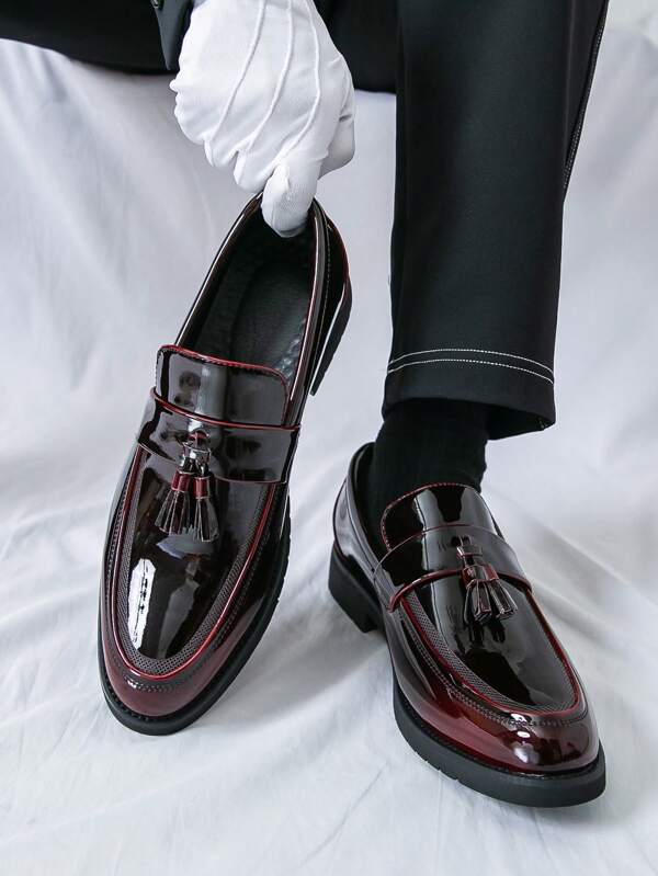 Men's Glossy Tasseled Solid Color Loafers, Casual Wedding Shoes