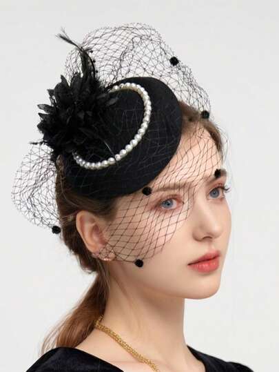 1pc Women's Solid Color Mesh Feather Pearl Mini Hat, Elegant Versatile Fashion Headpiece Suitable For Stage Performance, Wedding, Gala, Party