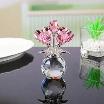 1 Piece Handmade Crystal Red Rose Flower Figurine With Round Vase, Romantic Rose Gifts For Women On Valentine's Day Mother's Day Birthday, Rose Collectible Figurines For Home Party Wedding Decorations