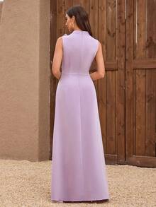 Women's Stand Collar Sleeveless Handmade 3D Flower Elegant Solid Color Rhinestone Hem Dress, Formal, Party Dress, Gown, For Evening, Wedding Guest