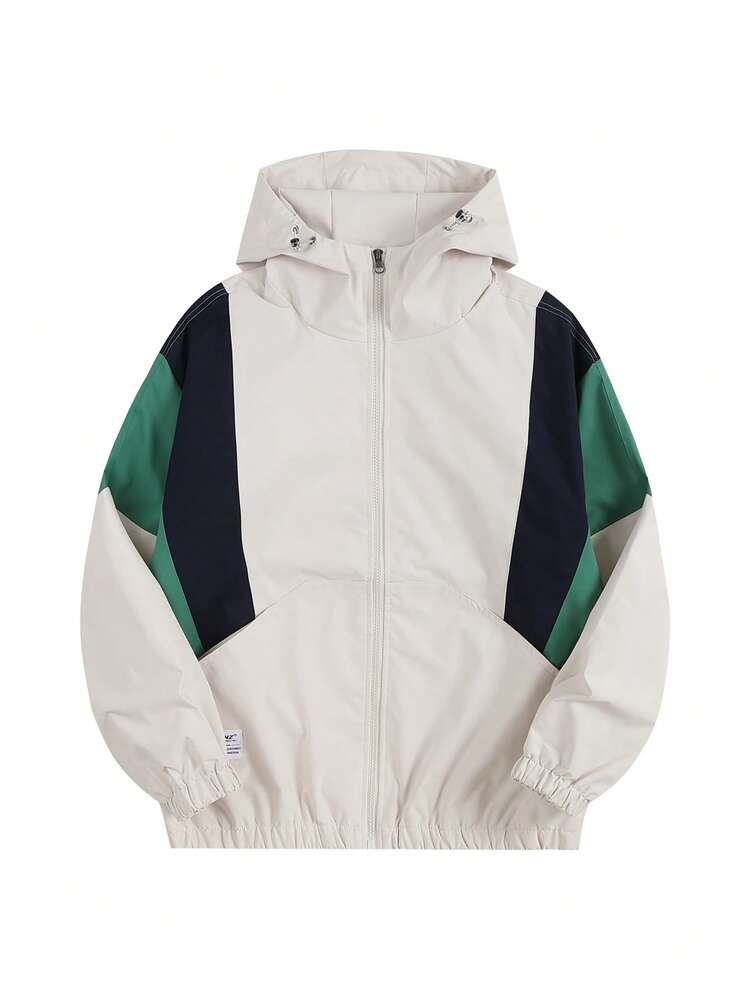 Chaqueta exterior para hombre, cortavientos casual de color contrastante, chaqueta deportiva, abrigo de primavera - Caqui - Añade 2