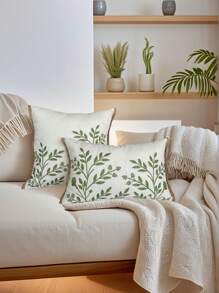 1pc Green Leaves Embroidery Throw Pillow Cover, Embroidered Leaf Cushion Covers For Bedroom Bed, Living Room Couch & Sofa , Furniture, Benches, Porch Home Decor, Patio, Car, No Pillow Insert