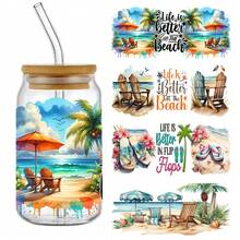 4 piezas de pegatinas de transferencia UV DTF con tema de playa de verano, resistentes al agua y a los arañazos, adecuadas para frascos de vidrio de 16 onzas y proyectos DIY, con hermosos patrones, pegatinas de transferencia - Multicolor - Ver 1