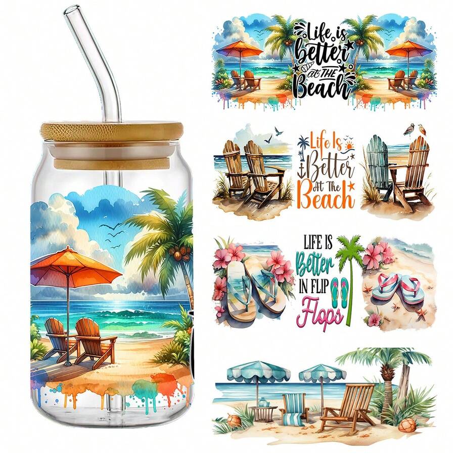 4 piezas de pegatinas de transferencia UV DTF con tema de playa de verano, resistentes al agua y a los arañazos, adecuadas para frascos de vidrio de 16 onzas y proyectos DIY, con hermosos patrones, pegatinas de transferencia - Multicolor - Ver 1