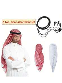 2pcs Jacquard Classic Men's Headscarf + Mustache Headband Set, Lightweight Polyester Ramadan Headscarf, Fashion, Breathable, Versatile Headscarf, Headband, Hair Tie, Waist Decor Accessory For Men - Kerchief - View 1