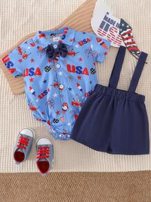 2pcs Baby Boy (Toddler) Casual Short Sleeve Shirt Romper + Bib Shorts Set, Lightweight Summer Outfit