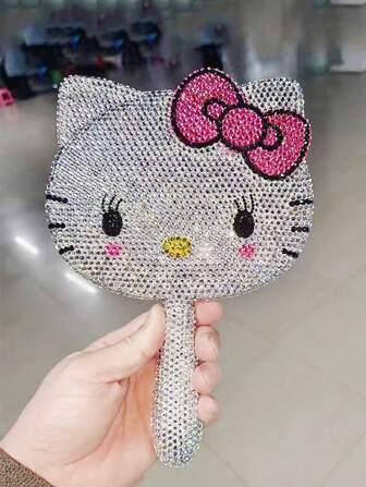 Sanrio 1 pieza Espejo de maquillaje de cristal Sanrio Hello Kitty, espejo giratorio rosa brillante para niñas, espejo de tocador manual DIY