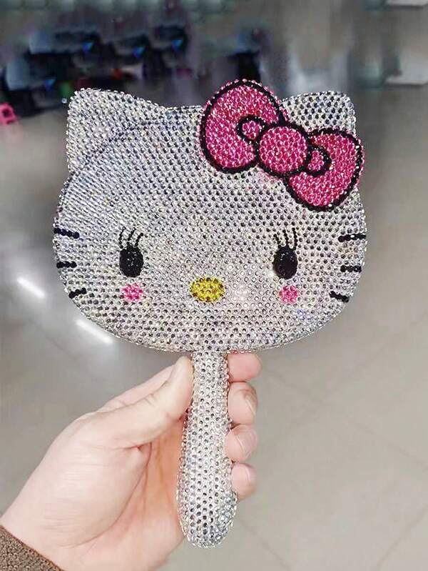 Sanrio 1pc Sanrio Hello Kitty Crystal Makeup Mirror, Pink Sparkling Girls Vanity Rotary Mirror, Manual DIY