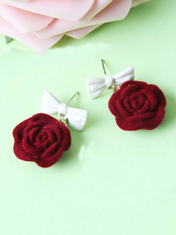 1 Pair Of White Bowtie Plush Rose Earrings For Valentine's Day