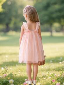 年轻女孩可爱 3D 花卉无袖多层薄纱派对礼服，适合花童、婚礼、生日派对、拍照、舞会、毕业典礼、夏季