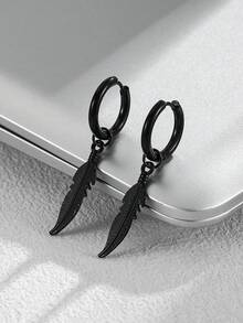 1 Pair Stainless Steel Feather Pendant Hoop Earrings For Men, Fashionable & Versatile - Feather - View 8