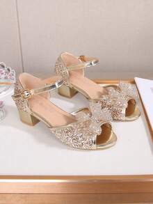 女童时尚优雅高端蝴蝶结派对高跟凉鞋，露趾高跟凉鞋，透气轻便正装鞋，适合派对、表演、宴会、婚礼，圆头高跟凉鞋