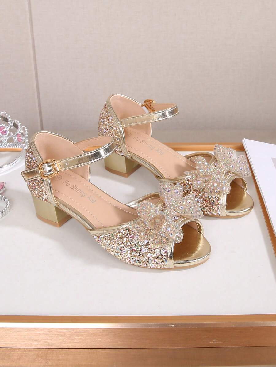 女童时尚优雅高端蝴蝶结派对高跟凉鞋，露趾高跟凉鞋，透气轻便正装鞋，适合派对、表演、宴会、婚礼，圆头高跟凉鞋