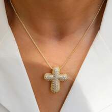 Fashionable Brass Fully Rhinestoned Bubble Cross Pendant Necklace, Elegant Collar Bone Necklace, Premium Jewelry