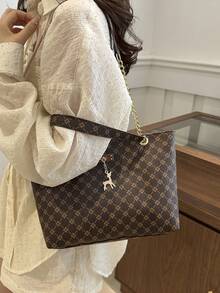 Bolso de mano de gran capacidad para mujer, bolso de hombro con cadena elegante, nueva bolsa de moda para debajo del brazo, bolso de lino retro - Café 2 - Ver 6