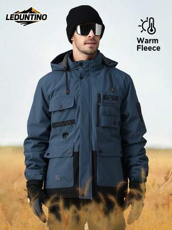 LEDUNTINO Męska, swobodna, ciepła i gruba kurtka outdoorowa, sportowy patchwork, prezent dla chłopaka, odpinany kaptur, wiele kieszeni, nadruk literowy, zapięcie na rzepy, wiatroszczelna, wiatrówka na wiosnę/jesień, styl dla chłopaka