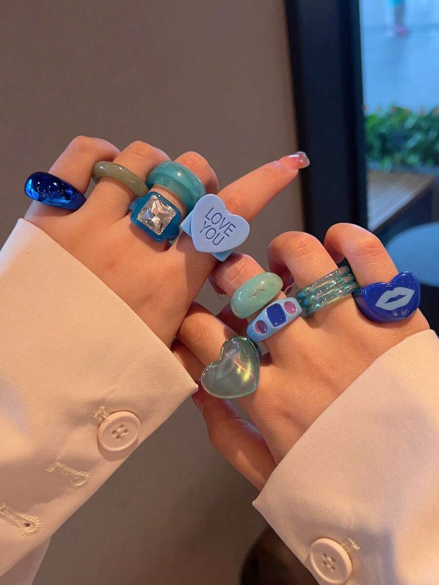 10pcs/Set Blue Geometric Heart Shaped Cocktail Rings, Fashion Stackable Rings Set Gift For Women, Ladies, Girls, Party, Event - KRMS11-14 Set - View 1