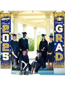2pcs Graduation Season Banner Couplets Campus Party Dinner To Increase The Atmosphere Of The Event Background Wall Dedicated Graduation Banner Suitable For College Graduates - Graduation Banner With White and Gold Words On a Blue Background - View 5