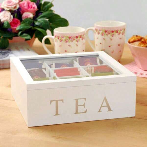 Caja de almacenamiento de madera con 9 compartimentos y tapa visible para bolsitas de té, joyería, café - Estilo Retro para vuelta al cole