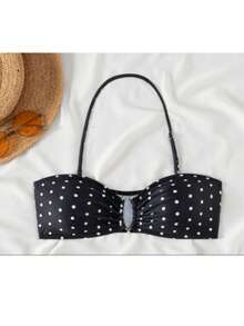 Polka Dot Sexy Knitted V-Neck Backless Halter Beach Bikini Crop Top - Black and White - View 4