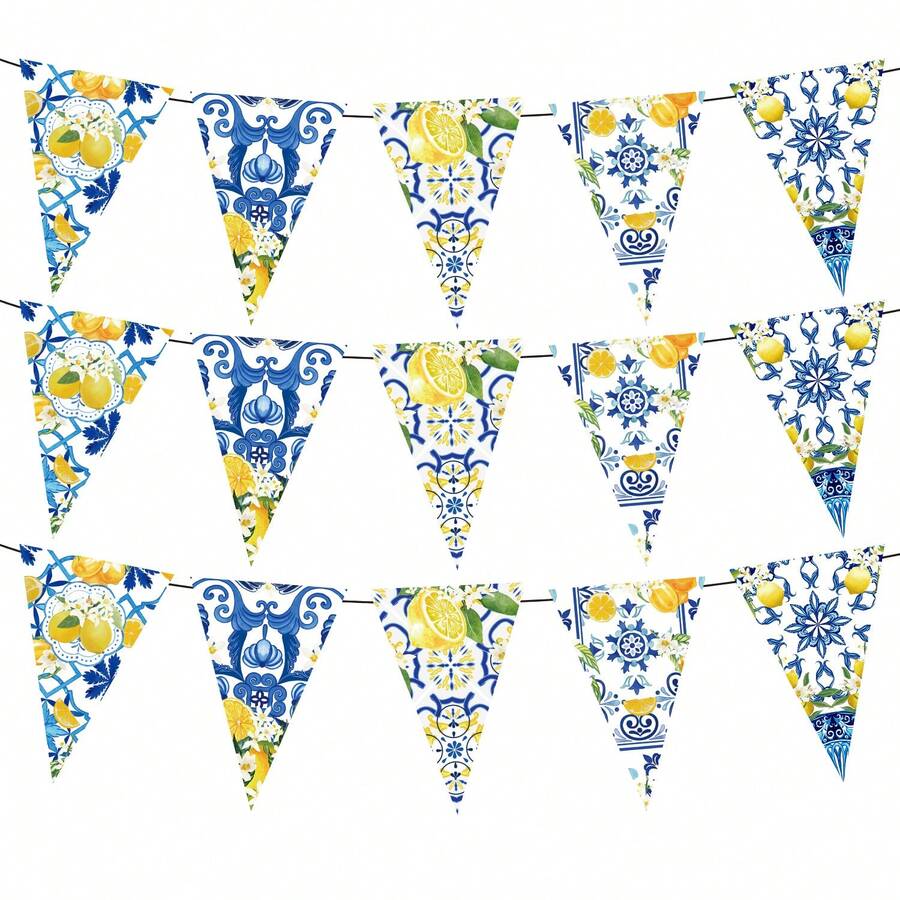 Lemon Wedding Decoration, Birthday Party Lemon Themed Flower Pattern Printed Triangle Flag Flag, Blue Yellow White Shower Decoration, Courtyard Supplies, Suitable For Outdoor And Indoor Use - Multicolor - View 1