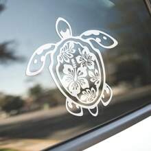 Sea Turtle Hibiscus Flower Car Sticker, Vinyl Die-Cut Floral Turtle Decal For Car Truck Window Laptop, Cute Car Decor Accessories