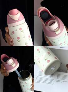 1pc Pink Tulip Pattern 24oz-32oz-40oz Double Wall Stainless Steel Vacuum Insulated Sports Water Bottle, Tumbler With Straw, Suitable For Sports, School, Travel, Gym, Gift For Holidays, Birthday