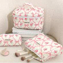 Borsetta trucco carina con stampa a fiocco e ciliegie, borsa cosmetica imbottita in tela stampata floreale di alta qualità con grande capacità, borsa portatile per vacanze, spiaggia, bagno, camera da letto, grande capacità