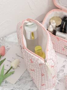 1 Piece Pink Plaid Cosmetic Bag, Bow Pattern, Girly Heart Design, Multifunctional Cosmetic Storage Pouch Portable Cosmetic Brush Clutch Bag With Zipper Closure, Ready For Lipstick