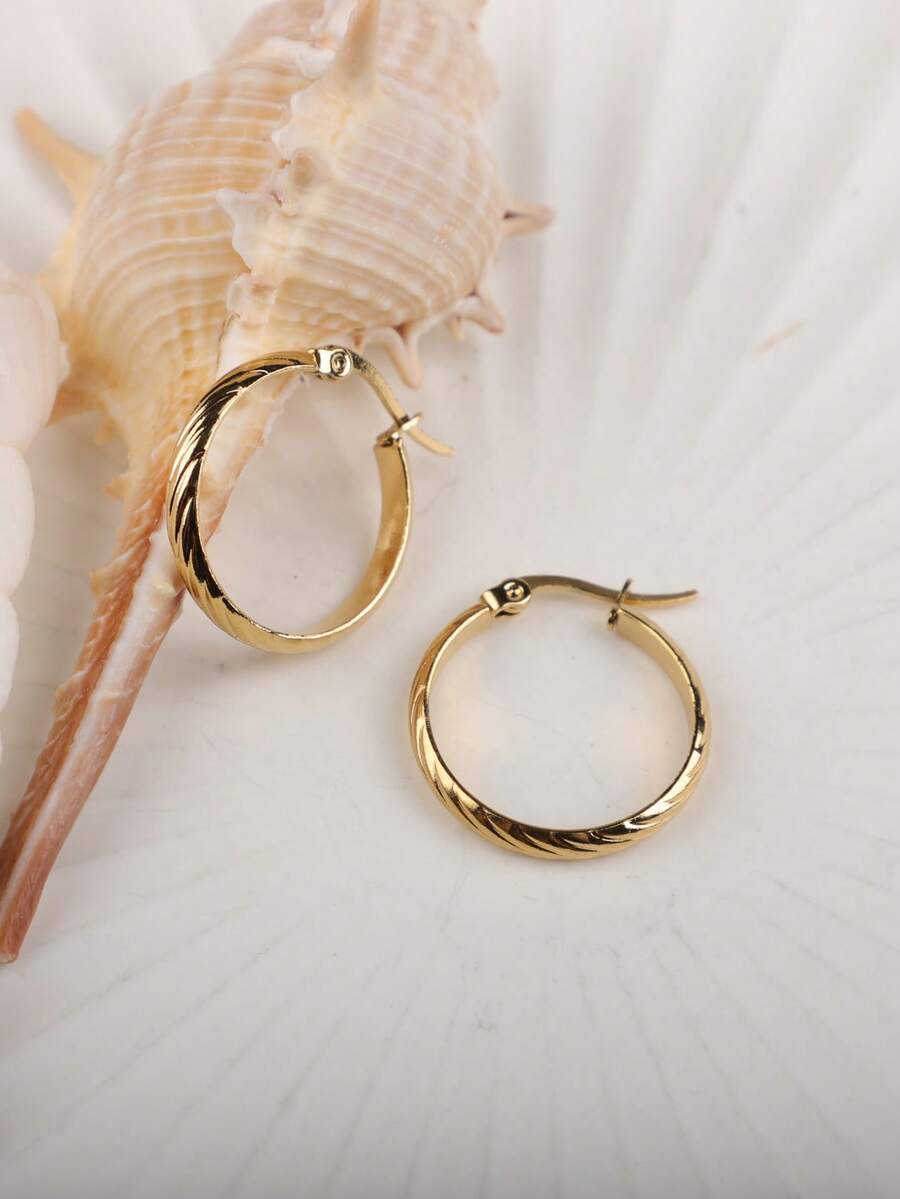 1 Pair Stainless Steel Circle Or Fish Scale Hoop Earrings, Gold/Silver Color, Hypoallergenic, Unique Textured Design For Women/Girls - Golden-158 - View 1