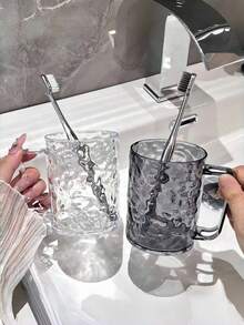 1 套（2 件）透明冰川图案漱口杯，波纹设计带手柄玻璃杯，学生情侣豪华浴室储物杯，颜色随机