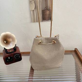 1 PC Bucket Shaped Women Aluminum Metallic Sequin Armpit Bag Shoulder Tote Bag Evening Chain Party Wedding Handbags