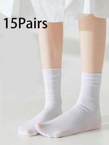15pcs/Set Kid & Teen Plain Comfortable Breathable Versatile Mid-Calf Socks, Spring/Summer - Multicolor - View 8