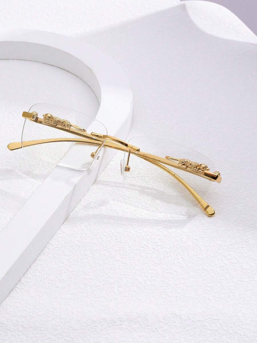1 pieza Gafas sin montura con borde dorado y estampado de leopardo, de estilo retro y sin graduación, adecuadas para uso diario de negocios y casual, nueva llegada de verano - Dorado - Ver 1