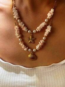 1pc Luxury Stainless Steel Shell & Starfish Necklace, Ocean Style For Women - Multicolor - View 2