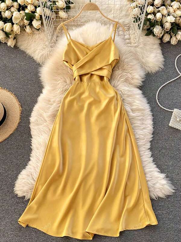 Women's Elegant V-Neck Tie Waist Satin Shiny Charming Sleeveless Dress For Spring/Summer, Ramadan