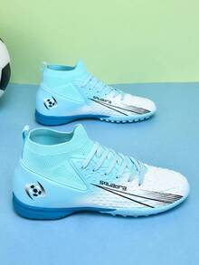 1 par de Tacos de fútbol/Fútbol para cancha artificial, Zapatillas de entrenamiento de alta gama con cordones delanteros, suela de goma antideslizante, tacos cortos para césped artificial, diseño ligero de alto rendimiento y antideslizante - Blanco azul claro - Ver 9