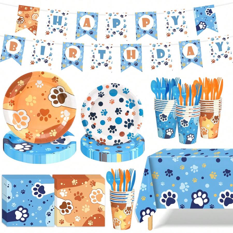 170 Pcs Disposable Paper Tableware Set,Birthday Decorations,For Themed Party, Birthday Gift, Party Favor, Party Tableware, Disposable Food Tray, Birthday Cake Tray,Party Napkins,Tablecloth,Suitable For Parties, Birthdays, Weddings, Family Picnics , Party Decor(Bow, Strawberry, Butterfly, Puppy And Other Themes) - Sinh nhật chó - Xem 1