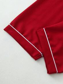 [Elegant Fields]2 Pieces Women Autumn Contrast Piping Collar Pocket Heart Embroidery Long Sleeve Button-Up Top And Pants Pajama Set, Suitable For Home Use, Fall Winter Clothes, Christmas - Red - View 6