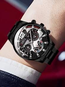 4-teiliges Herren Schmuckset mit schwarzem Armband, modische Lässig Uhr mit gemischter Skala und Kalender, Quarzuhrwerk, Armband, Halskette, Ring, geeignet für tägliche Dekoration oder als Urlaubsgeschenk