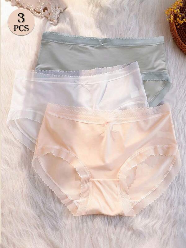 3pcs Seamless Ice Silk Women's Panties, Bow Decor, Summer Thin, Non-Bulging Mid-Waist Breathable Briefs